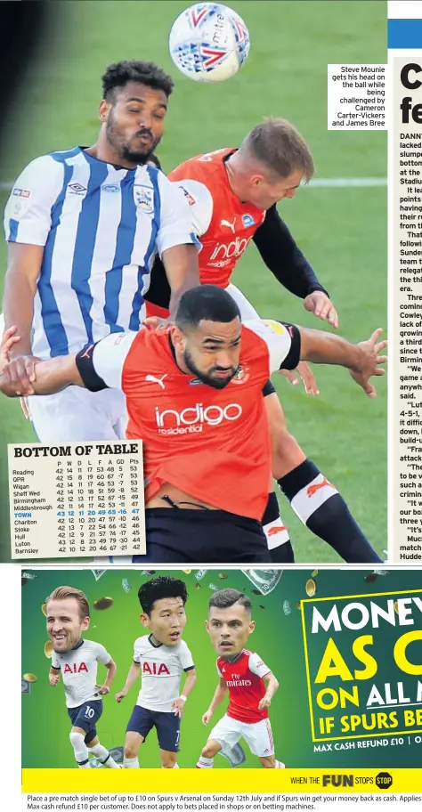  ??  ?? Steve Mounie gets his head on the ball while
being challenged by
Cameron Carter-Vickers and James Bree