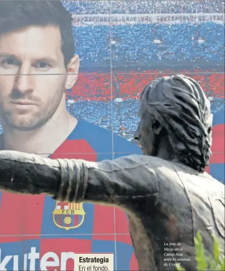  ??  ?? La foto de Messi en el Camp Nou ante la estatua de Cruyff.
