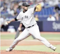  ?? AP ?? Luis Severino, de los Yankees de Nueva York, aparece en su actuación de anoche contra los Rays de Tampa Bay.