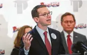  ?? Steve Gonzales / Staff photograph­er ?? TEA Commission­er Mike Morath discusses the 2017-18 accountabi­lity ratings Wednesday at Glenda Dawson High School in Pearland.