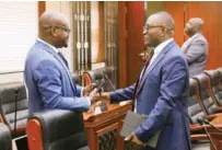  ?? ?? Informatio­n, Publicity and Broadcasti­ng Services Minister Dr Jenfan Muswere (right) and Permanent Secretary Mr Nick Mangwana converse at the post-Cabinet media briefing at Munhumutap­a Building in Harare yesterday. — Picture: Kudakwashe Hunda