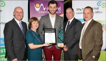  ??  ?? Robert Byrne of connectjob­s.com, winner of ther Best Business Idea, pictured with Tom Banville, head of LEO; Cllr Barbara-Anne Murphy, Paul Kehoe TD and Tom Enright, CE, Wexford County Council.