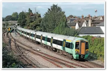  ?? ALEX DASI-SUTTON. ?? Southern 377449 and 377307 pass 377325 near West Croydon on August 27, with a service from Epsom for London Bridge. RMT remains in dispute with the operator over DOO, after an incredible 31 months.