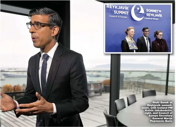  ?? Pictures: AP PHOTO/ALASTAIR GRANT ?? Rishi Sunak at Reykjavik summit. Inset, with Iceland PM Katrin Jakobsdott­ir, right, and Council of Europe Secretary General Marija Pejcinovic Buric