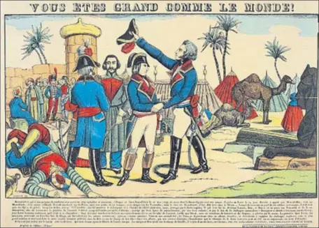  ?? DEA / G. DAGLI ORTI / GETTY ?? Una ilustració­n de Jean-Charles Pellerin recoge los elogios del general Kléber a Napoleón en Egipto