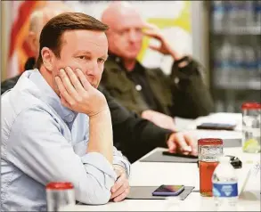  ?? Randy Hoeft / Associated Press ?? Sen Chris Murphy, D-Conn., listens to a presentati­on during a bipartisan discussion about issues at the U.S.-Mexico border in the Yuma, Arizona region, Tuesday at the Regional Center for Border Health in Somerton, Ariz.