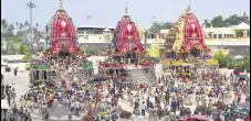  ?? ARABINDA MAHAPATRA /HT PHOTO ?? The chariots of the Hindu deities Balabhadra, Subhadra and Jagannath before they move towards the Gundicha temple during the annual Rath Yatra in Puri on Tuesday