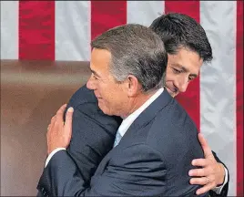  ?? ANDREW HARNIK
ASOCIATED PRESS ?? Outgoing House Speaker John Boehner, right, hugs successor Rep. Paul Ryan, R-Wis., in the House Chamber on Thursday.