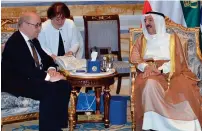  ?? AFP ?? SECOND MISSION: French Foreign Minister Jean-Yves Le Drian with Amir of Kuwait Sheikh Sabah in Kuwait City on Sunday. —