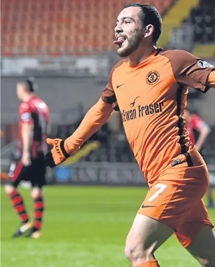  ?? Picture: SNS Group. ?? Paul Mcmullan enjoys the moment after netting the opening goal for United last night.