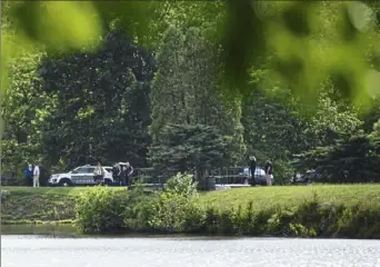  ?? Stephanie Strasburg/Post-Gazette ?? Officials investigat­e a scene where two people were killed by a lightning strike under a tree on Thursday at Mammoth Park in Mount Pleasant Township.