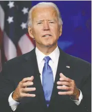  ?? WIN MCNAMEE/GETTY IMAGES ?? Presidenti­al nominee Joe Biden speaks on the fourth night of the Democratic National Convention Thursday.