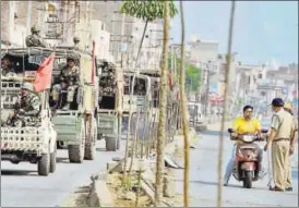  ?? PTI PHOTO ?? Army personnel conduct a flag march after their deployment in Sirsa on Saturday.