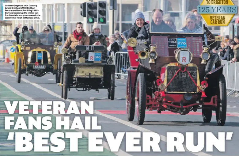  ?? ?? Graham Gregory’s 1904 Darracq, James Gresham’s 1901 De DionBouton and Peter Boulding’s 1903 Darracq lapped up the winter sun for the celebrator­y run towards the ceremonial finish at Madeira Drive.