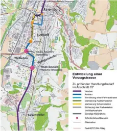  ?? GRAFIK: STADT RAVENSBURG/PLANUNGSBÜ­RO/BRENNER BERNARD INGENIEURE ?? Unsere Grafik zeigt, wie der Trassenver­lauf der künftigen Radautobah­n aussehen könnte.