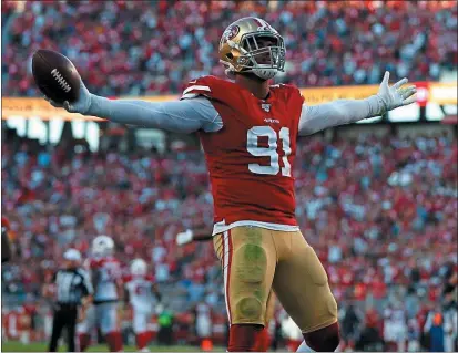  ?? NHAT V. MEYER — BAY AREA NEWS GROUP ?? The 49ers’ Arik Armstead celebrates his sack against the Arizona Cardinals in the fourth quarter on Sunday. The ball was ruled down.