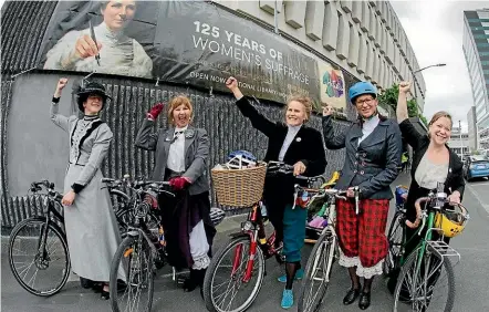  ??  ?? Wellington Frocks On Bikes members – from left; Isabella Cawthorn, Dolores Hoy, Kath Haines, Leah Murphy and Nicole Gaston – gear up for this weekend’s ride honouring New Zealand’s suffrage movement.