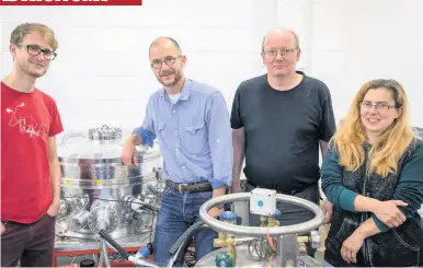  ??  ?? Research Dr Axel Hagermann (second left) and Stirling colleagues Dr Nick Attree (left) and Dr Erika Kaufmann (right) with instrument scientist Joerg Knollenber­g (third left) of the German Aerospace Agency