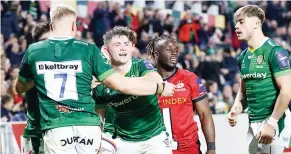  ?? ?? Delight: Cillian Redmond celebrates scoring for London Irish in the Cup