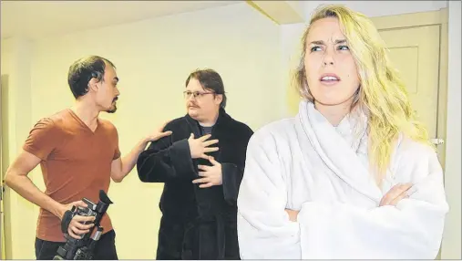  ?? SALLY COLE/THE GUARDIAN ?? Actors appear in a rehearsal scene from ACT’s production of “Skin Flick” by Norm Foster. From left are Noah Nazim, Alex Arsenault and Jenna Marie. The show opens April 19 at the Watermark Theatre in North Rustico.