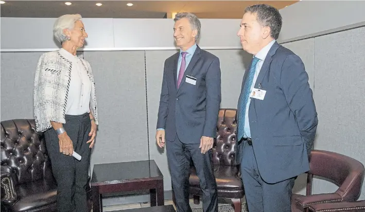  ?? ADRIANA GROISMAN ?? Encuentro. Christine Lagarde, Mauricio Macri y Nicolás Dujovne en un encuentro que se registró ayer en Nueva York y previo a al discurso del Presidente en la ONU.