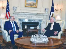  ?? (Ariel Hermoni/Defense Ministry) ?? DEFENSE MINISTER Avigdor Liberman meets with US Secretary of State Rex Tillerson in Washington yesterday.