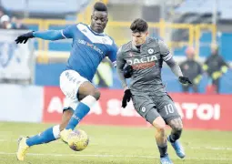  ?? AP ?? Udinese’s Rodrigo De Paul (right) and Brescia’s Mario Balotelli vie for the ball during an Italian Serie A match at the Mario Rigamonti stadium in Brescia, Italy, on February 9, 2020.