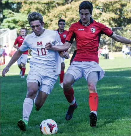  ?? Photos by Jerry Silberman / risportsph­oto.com ?? Mount St. Charles senior midfielder Jacob Lawrence (10, above) scored the opening goal of Monday’s 1-1 tie with Coventry thanks to an assist from senior captain Dre Danneker (13, below). The Mounties are now unbeaten in their last four matches.