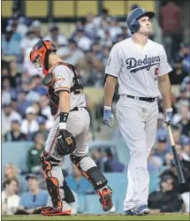  ?? Robert Gauthier Los Angeles Times ?? COREY SEAGER WALKS AWAY after striking out in the eighth inning against former Dodgers reliever Tony Watson.