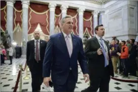  ?? J. SCOTT APPLEWHITE — THE ASSOCIATED PRESS ?? House Majority Leader Kevin McCarthy of Calif., shuttles between the chamber and House Speaker Paul Ryan’s Capitol Hill office, Friday during the debate on the Republican health care bill.