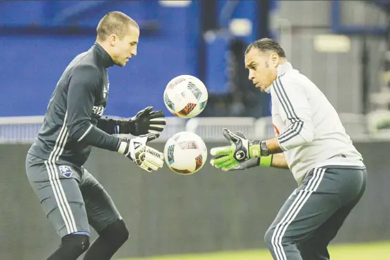  ?? JOHN MAHONEY/ FILES ?? Evan Bush juggles soccer balls with goalkeeper coach Youssef Dahha during an Impact practice in Montreal in 2016. Bush's relationsh­ip with Dahha — “the first person I met in Montreal ... quite a person, a great guy” — was a big reason he agreed to join the Whitecaps this week. Vancouver traded a third-round pick in next year's SuperDraft to acquire him.