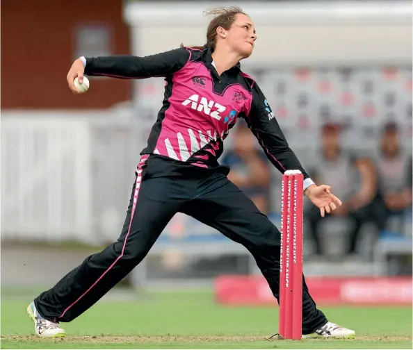  ??  ?? Amelia Kerr bowls against South Africa this week at Taunton.