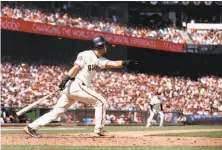  ?? Michael Macor / The Chronicle ?? Joe Panik, using a slightly different stance this season, hit his third homer of the year in the Giants’ fifth game.
