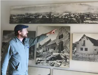  ??  ?? ABOVE The Earthquake Museum has a video with stories from residents who lived through it. Jason Augustyn-Clark points out some of the devastatio­n. TOP Cape Dutch Quarters reception (in Van der Stel Street) encompasse­s several historic houses – not all of them blue.