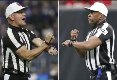  ?? THE ASSOCIATED PRESS FILE ?? FILE - At left, in a Dec. 30, 2018, file photo, referee Clete Blakeman signals a penalty during the first half of an NFL football game between the Minnesota Vikings and the Chicago Bears, in Minneapoli­s.