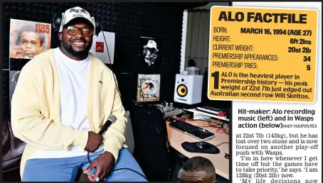  ?? HOOPER/REX ?? Hit-maker: Alo recording music (left) and in Wasps action (below)ANDY