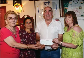  ??  ?? t Dolores and Blackie Owens presenting a cheque to Swapna Varghese and Caroline Gallagher from Boyne View House at Ollie Mullen’s Ba. The event was a memorial rings tournament,