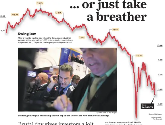  ?? Spencer Platt / Getty Images ?? Traders go through a historical­ly chaotic day on the floor of the New York Stock Exchange.