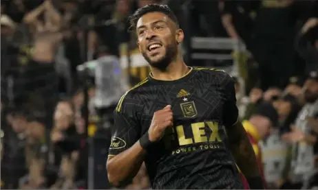  ?? Marcio Jose Sanchez/Associated Press ?? Los Angeles FC forward Denis Bouanga smiles during the second half in an MLS playoff match earlier this month. LAFC will play the final against the Columbus Crew