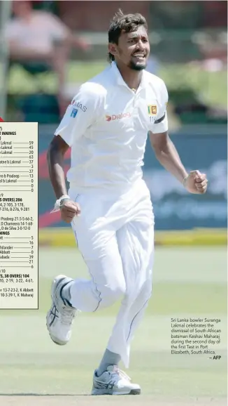  ?? — AFP ?? Sri Lanka bowler Suranga Lakmal celebrates the dismissal of South African batsman Keshav Maharaj during the second day of the first Test in Port Elizabeth, South Africa.