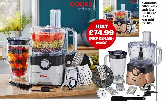 Cooks Professional Food Processor | 1000W | 7 Different Blades | Mixing  Bowl & Blending Jug | Black & Rose Gold