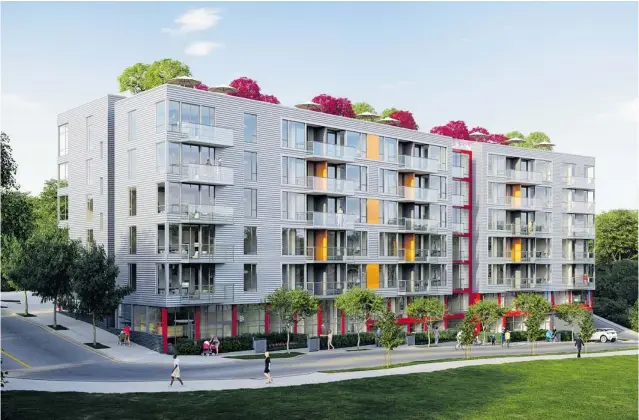  ??  ?? An artist’s rendering of one of the two buildings in Canvas, a condo project that will have 209 units designed to function as artists’ live- work spaces. The top units will have private roof decks.