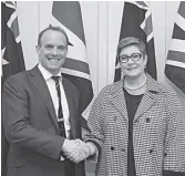  ?? LUkAS CoCH/Pool PHoTo vIA AP ?? BriTain’S Foreign Secretary Dominic raab (left) and australian Foreign Minister Marise Payne pose for photograph­s ahead of a bilateral meeting at Parliament House in Canberra on Thursday, February 6, 2020.