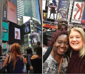  ??  ?? MaKyla was one of 400 people chosen from 2000 who submitted pictures to appear on a digital billboard in New York City to represent people around the country with Down Syndrome. Right photo: Michael and Monica Boggus pose in Times Square with friend...