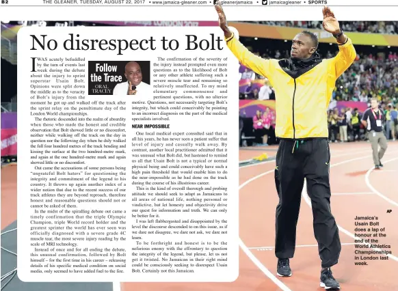  ?? AP ?? Jamaica’s Usain Bolt does a lap of honour at the end of the World Athletics Championsh­ips in London last week.