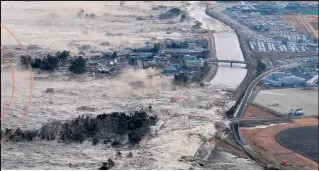  ??  ?? 2011 The tsunami sweeps ashore along Iwanuma, Miyagi prefecture.