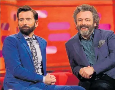  ??  ?? David Tennant and Michael Sheen spark their host Graham Norton up nicely on Friday night.