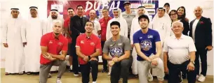  ??  ?? PBA commission­er Willie Marcial is joined by executives of the Dubai Sports Council and Far Eastern Private School after Thursday's press conference in Dubai. Also in the photo are coaches Yeng Guiao of NLEX and Leo Austria and Jimmy Alapag of San Miguel, Barangay Ginebra's Mark Caguioa and LA Tenorio and NLEX's Kiefer Ravena and Larry Fonacier, and PBA legal counsel Melvin Mendoza. (PBA Images)