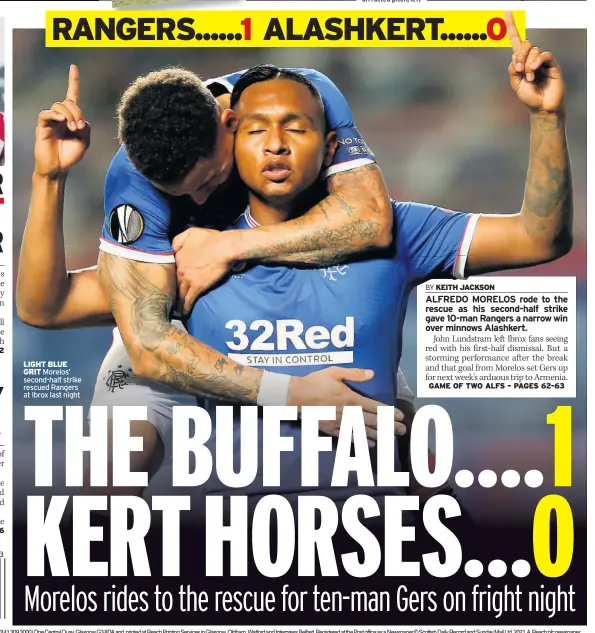  ??  ?? LIGHT BLUE GRIT Morelos’ second-half strike rescued Rangers at Ibrox last night