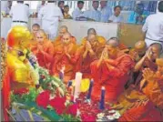  ?? ANSHUMAN POYREKAR/HT PHOTOS ?? Buddhist monks pay tribute to Dr Babasaheb Ambedkar at Shivaji Park in Dadar on Thursday.